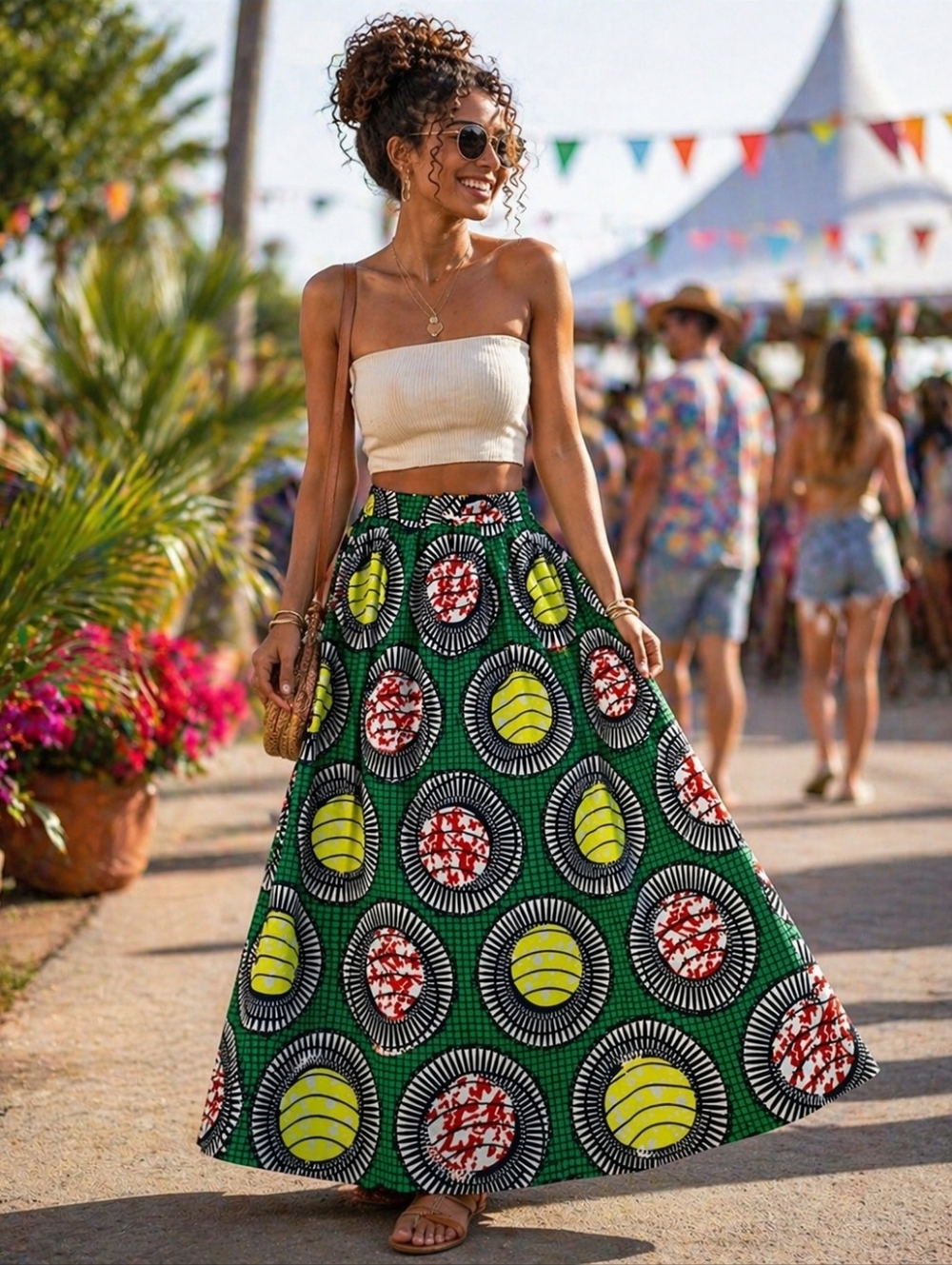 Bold Graphic Print Maxi Skirt XL High Waisted Pockets A-Line